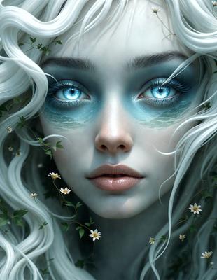 The primary subject of the image is a woman with white hair and blue eyes. She is wearing makeup and has a flower in her hair. The setting is a garden, with greenery and flowers surrounding her. The visual style is digital art, as the woman appears to be a digital illustration. The colors and mood of the image are serene and peaceful, with the woman's white hair and blue eyes adding a sense of calmness to the scene.